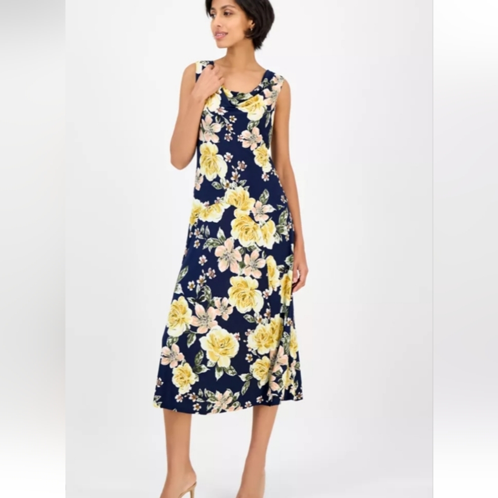 Sleeveless Navy Floral A-Line Midi Dress